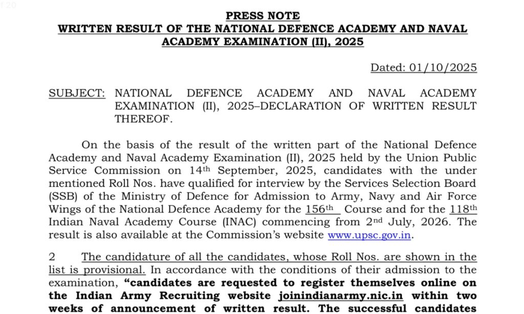 UPSC NDA 2 Result 2025 Declared